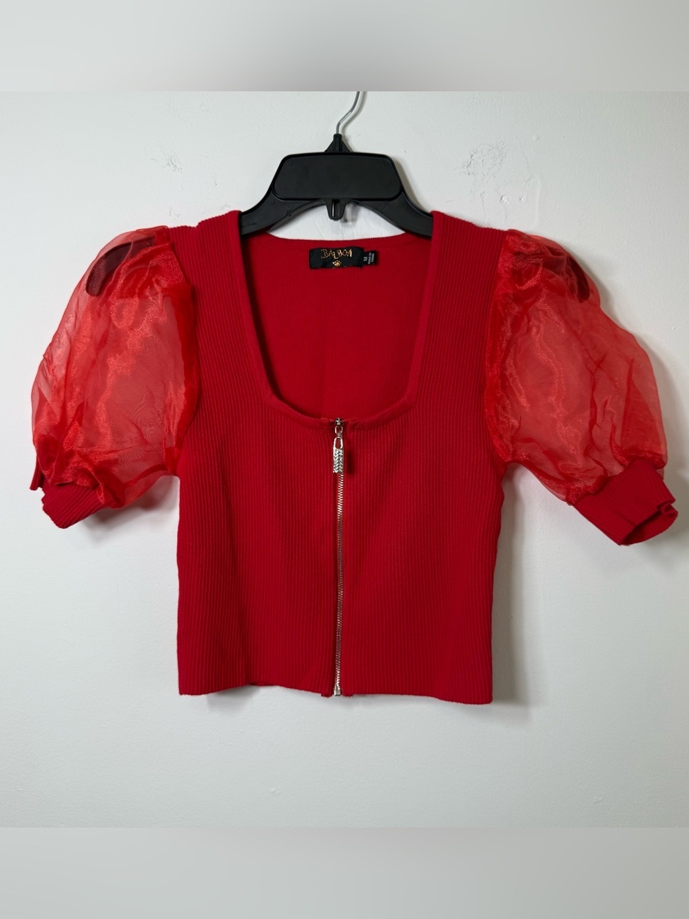Balboa Red Ribbed Knit Zip Front Organza Puff Sleeve Top M Y2K Coquette